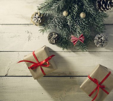 Noel hediyeler ile kompozisyon. Üstten Görünüm