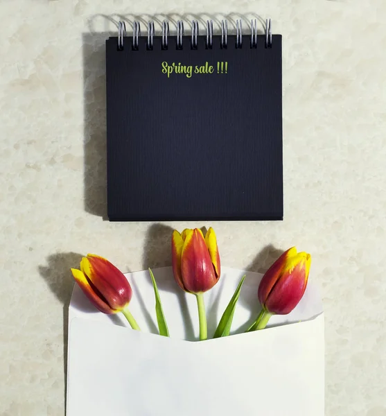 Lente tulpen met een notebook — Stockfoto