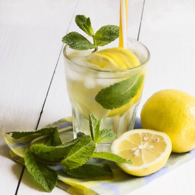 Limon ve taze nane yaprakları ile su detoks. Sağlıklı yaşam tarzı