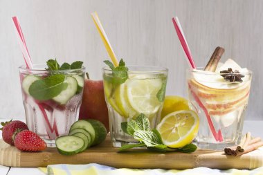 Detoks su kokteyl limon, nane, elma, çilek, salatalık, tarçın.