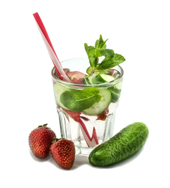 Detox Water with strawberries, ice and fresh cucumber isolated on white background. Healthy lifestyle. — Stock Photo, Image