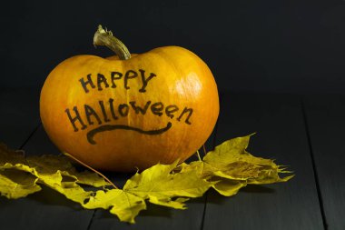 Cadılar Bayramı Balkabağı karanlık bir arka plan üzerinde. Cadılar Bayramın kutlu olsun yazıt ile.