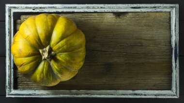 Olgun kabak bir çerçeve içinde ahşap arka plan üzerinde. Hasat.