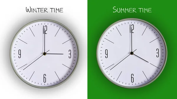 Conceito é a transição para a hora de verão. Galo no fundo branco e verde . — Fotografia de Stock