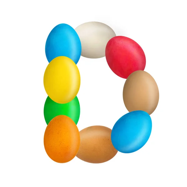 A letra D do alfabeto inglês é composta de ovos coloridos. Isolado. Fundo branco. Educação — Fotografia de Stock