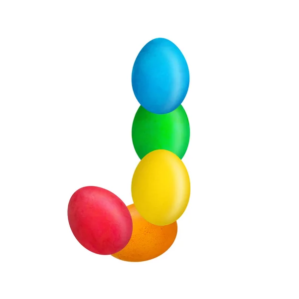 A letra J do alfabeto inglês é composta de ovos coloridos. Isolado. Fundo branco. Educação — Fotografia de Stock
