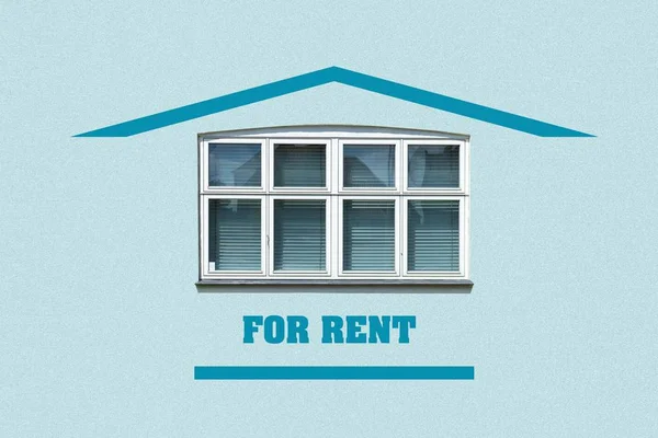 Концепция. На продажу. Белое окно на синем фоне. Недвижимость . — стоковое фото