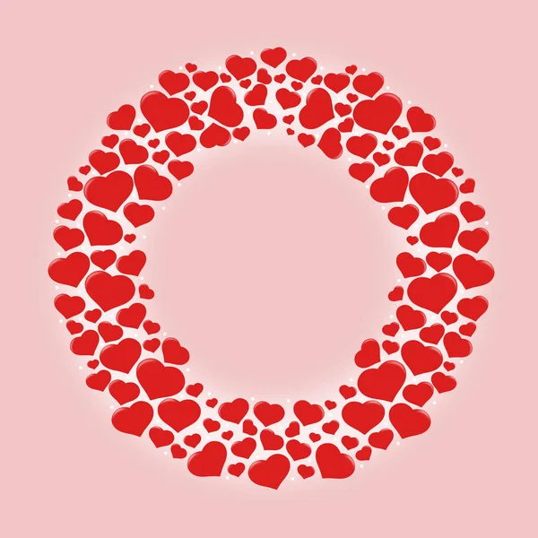 Red hearts in the shape of a circle on a pink background. Copy space. Valentines Day, Mothers Day background.