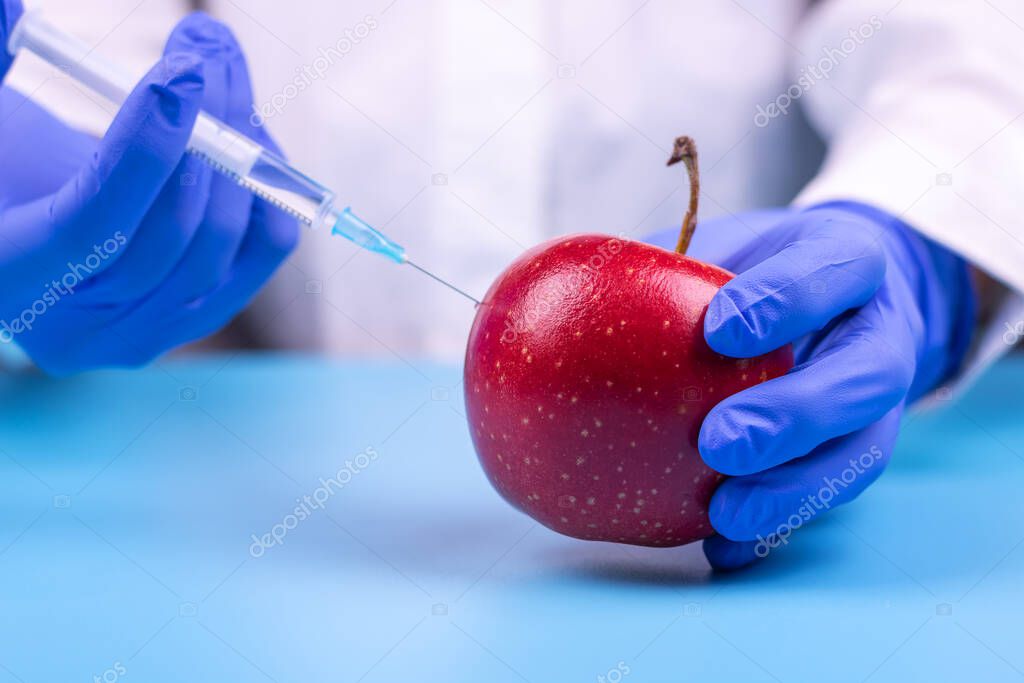 Injection into an apple. A hand in a medical glove with a syringe on a blue background. Genetic modified foods.