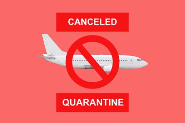 Canceled. Crossed plane on a red background. Cancellation of flights due to quarantine. Pandemic. Transport. Aviation. clipart