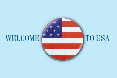 Mavi arka planda yuvarlak bir simgede Amerika bayrağı. Amerika 'ya hoş geldiniz. Seyahat. İş dünyası.