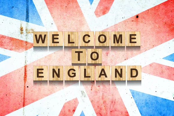 Bem Vindo Inglaterra Inscrição Blocos Madeira Fundo Bandeira Inglaterra Descoberta — Fotografia de Stock