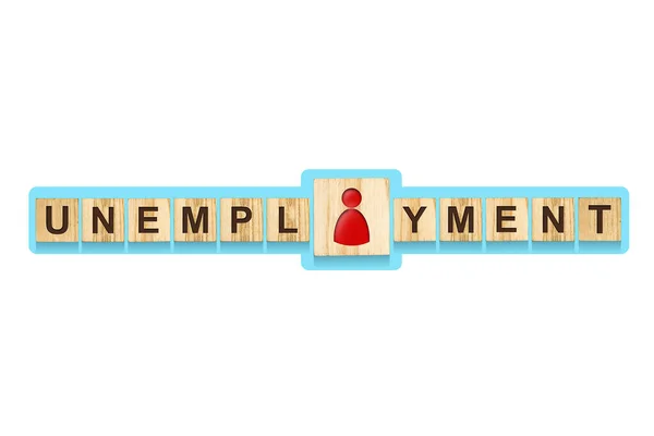 Disoccupazione. L'iscrizione su blocchi di legno su sfondo blu, l'icona un umano. Isolato. Crescita della disoccupazione Affari. . — Foto Stock