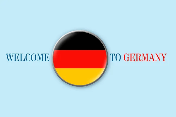 Deutschland-Fahne in rundem Symbol auf blauem Hintergrund. Willkommen in Deutschland. Reisen. — Stockfoto
