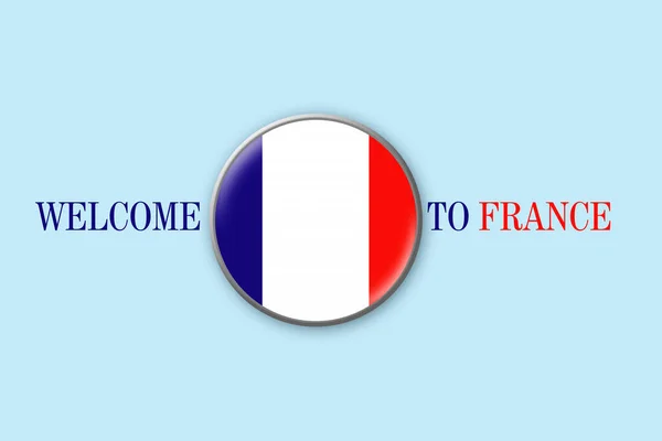 青い背景に円形のアイコンでフランスの旗 フランスへようこそ 旅行だ — ストック写真