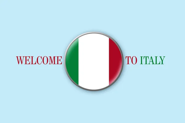 Flaga Włoch Okrągłej Ikonie Niebieskim Tle Witamy Włoszech Podróżuje Biznes — Zdjęcie stockowe