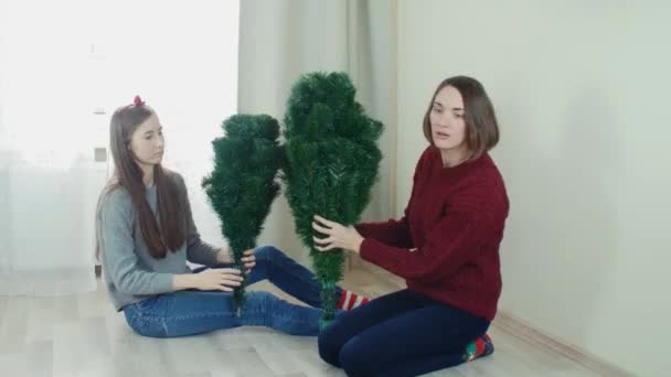 Dos muchacha joven que prepara el árbol de Navidad para adornamientos y que se divierten Nuevo año — Vídeos de Stock