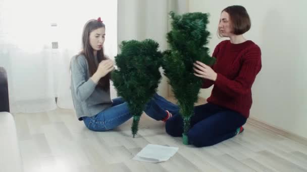 Two young girl preparing Christmas tree for decorations and having fun New year — Αρχείο Βίντεο