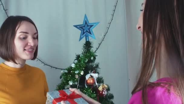 Two cheerful girls giving Christmas presents t and opening them with gratefully — Stock Video