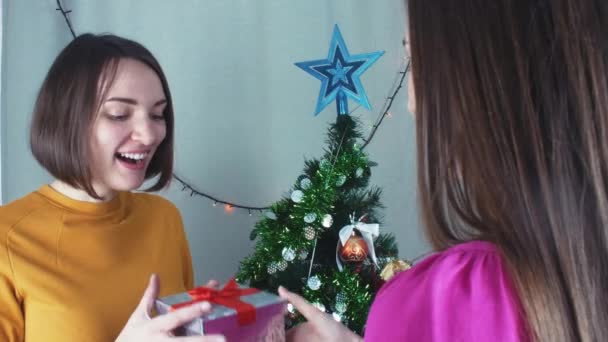 Dos niñas alegres dando regalos de Navidad t y abrirlos con gratitud — Vídeos de Stock