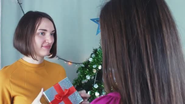 Duas meninas alegres dando presentes de Natal t e abrindo-os com gratidão — Vídeo de Stock