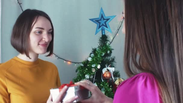 Dos niñas alegres dando regalos de Navidad t y abrirlos con gratitud — Vídeos de Stock