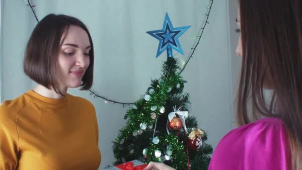 Two cheerful girls giving Christmas presents t and opening them with gratefully — Stock Video
