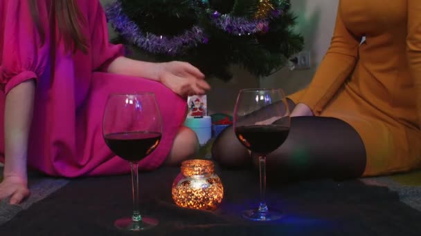 Young female couple sitting near Christmas tree with glasses of wine having fun — Stock Video