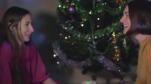 Pareja femenina joven sentada cerca del árbol de Navidad con copas de vino divirtiéndose — Vídeos de Stock