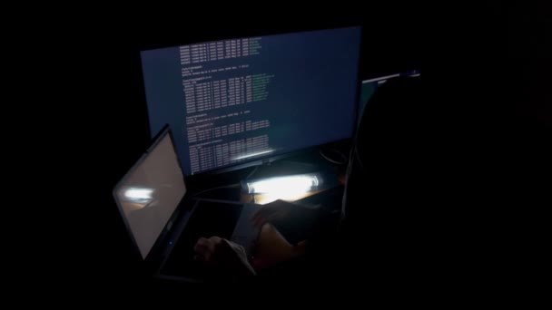 Hacker en código de craqueo de capucha usando computadoras en cuarto oscuro — Vídeo de stock