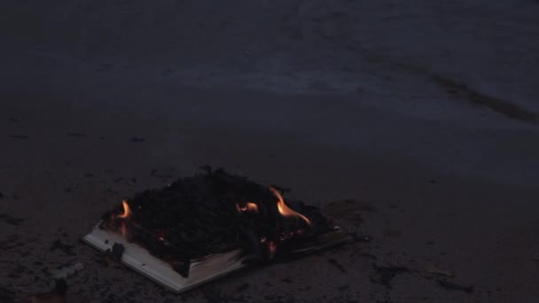 Burning książki na piasku na wybrzeżu — Wideo stockowe