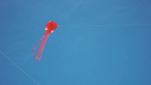 Red kite shape as octopus in flight against blue sky and sunny day — Stock Video