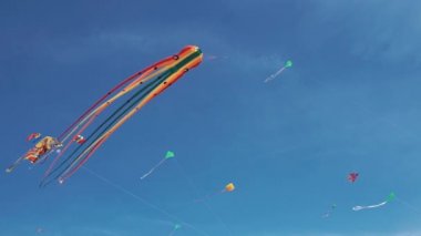 Uçuş ahtapot şeklinde renkli çizgili uçurtma. Mavi gökyüzü ve güneşli bir gün.