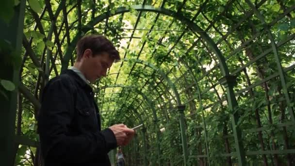 Νεαρός άνδρας Καυκάσιος χρησιμοποιώντας smartphone στέκεται στο πάρκο της πόλης. Μέρα του καλοκαιριού — Αρχείο Βίντεο