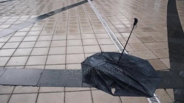 Siyah şemsiye yağmur kaldırımda yalan