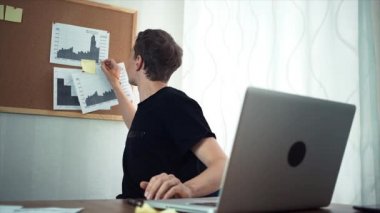 Serbest meslek ile çalışan dizüstü bilgisayarda yazarak ev ofis grafiklerde analiz