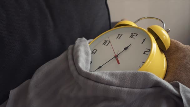 Stor gul klocka om omfattas en filt på soffan hemma. — Stockvideo
