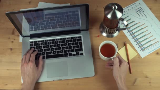 Vista dall'alto mani maschili che lavorano con grafici stampati utilizzando laptop con schermo verde — Video Stock