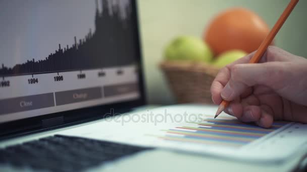 Manos masculinas tomando nota con lápiz en gráficos de análisis impresos — Vídeos de Stock