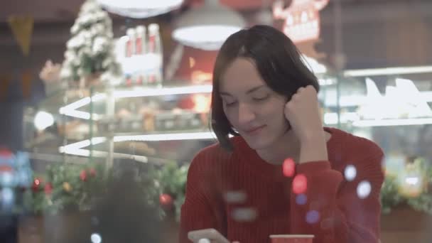 Feliz joven mujer sonriendo usando teléfono inteligente chat en línea sentado en el interior — Vídeos de Stock