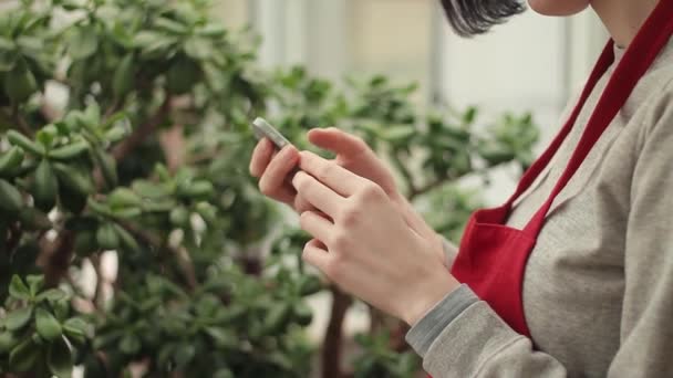 Hembra manos con teléfono inteligente de chat en línea en invernadero . — Vídeos de Stock