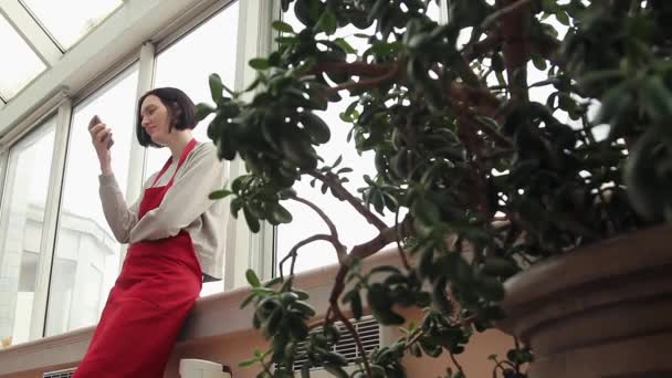 Молодая женщина в красном фартуке с помощью смартфона в теплице на балконе — стоковое видео