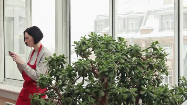 Retrato de mujer joven en delantal rojo usando smartphone en invernadero — Vídeo de stock