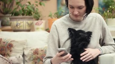 Smartphone vuruş şirin küçük chihuahua köpek serada kullanan genç kız
