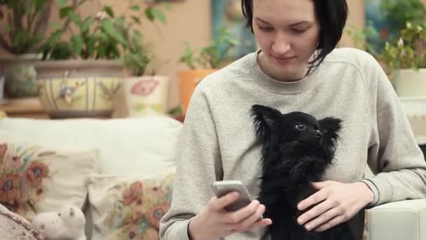 Jong meisje met behulp van smartphone lijnen schattige kleine chihuahua hond in kas — Stockvideo