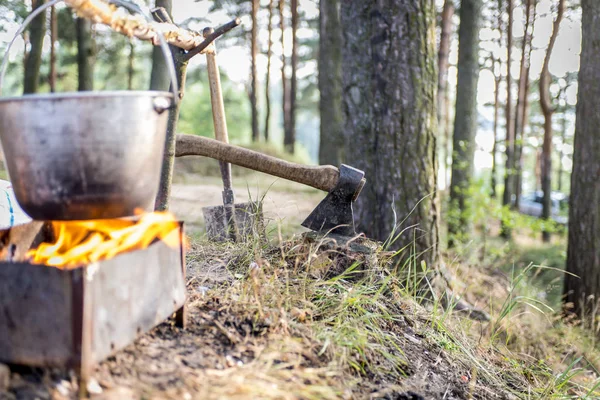 Čajník s jídlem na pánev, sekeru v stromu venku — Stock fotografie