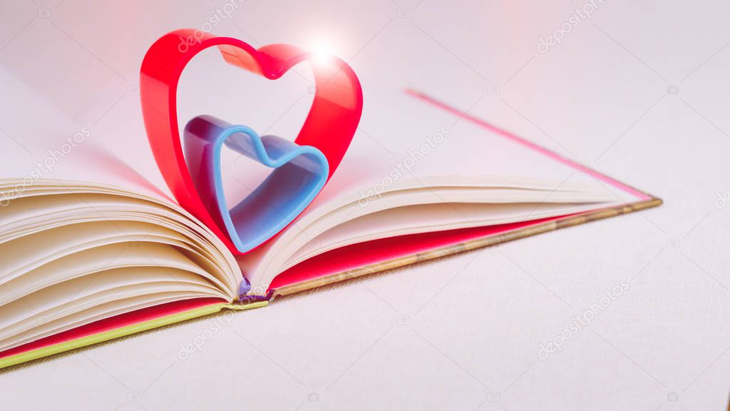 Red and blue hearts over diary book on white table light flares on the top of the heart
