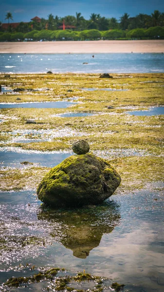 Дзен-подобные камни, усеянные мосом на пляже во время низкого прилива, Ницца, Нуса-Дуа, Бали, Индонезия — стоковое фото