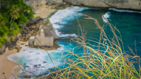 Rock v oceánu s krásným dlaněmi za na Atuh pláž na ostrově Nusa Penida, Indonésie — Stock fotografie