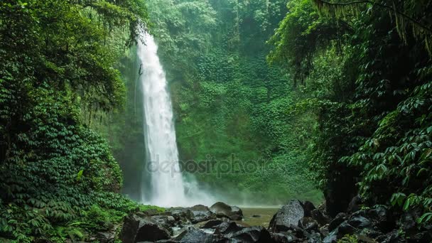 Ein atemberaubender Wasserfall, fallendes Wasser, das auf die Wasseroberfläche trifft, ein paar riesige Felsen, die vor dem Rahmen zu sehen sind. sattgrüne Blätter bewegen sich vom Wind, bali, indonesien — Stockvideo